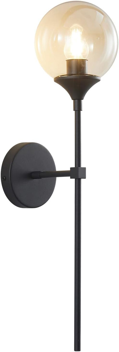 KCO Lighting Amber Glass Globe Wall Sconce Black Slim Long Arm Wall Lamp Mid Century Modern Wall Mounted Reading Light for Bedside Stairs Bathroom Mirror