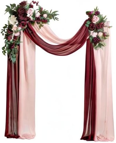 Ling's moment Red Pink Blush Artificial Wedding Arch Flowers Kit Pack of 4, 2pcs Hanging Flower Arrangement 2pcs Chiffon Drapes Ceremony Reception Fake Rose Arbor Backdrop Floral Party Outdoor Decor
