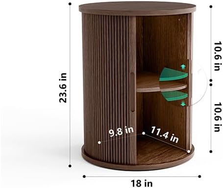 LINSY Round Fluted Nightstand, Mid Century Modern Tall Side Table with Storage, End Table with Sliding Tambour Doors, Adjustable Shelf, Small Wood Bedside Table for Bedroom, Living Room, Walnut