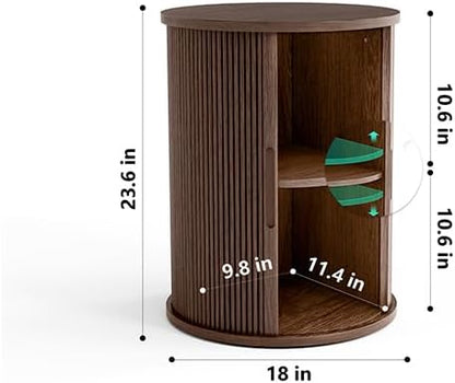 LINSY Round Fluted Nightstand, Mid Century Modern Tall Side Table with Storage, End Table with Sliding Tambour Doors, Adjustable Shelf, Small Wood Bedside Table for Bedroom, Living Room, Walnut