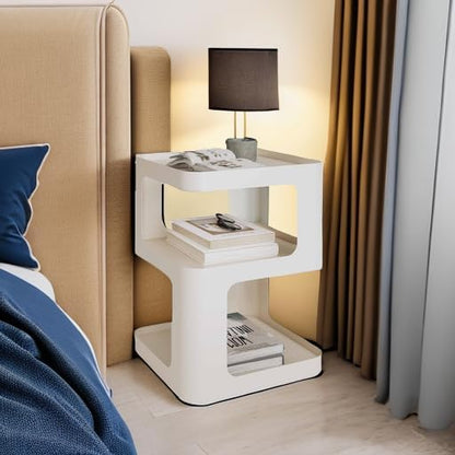 XIV Side Table, Small End Table, Modern Nightstand, Accent Bedside Table, 3 Tier Night Stands, Metal Bed Side Table for Living Room Bedroom Outdoor Entryway, No Assembly Required (Off White, Square)