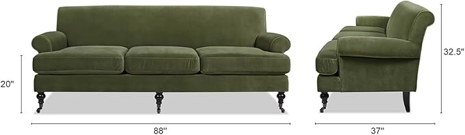 Jennifer Taylor Home Alana Lawson Recessed Arm Sofa Metal Casters, Olive Green Performance Velvet