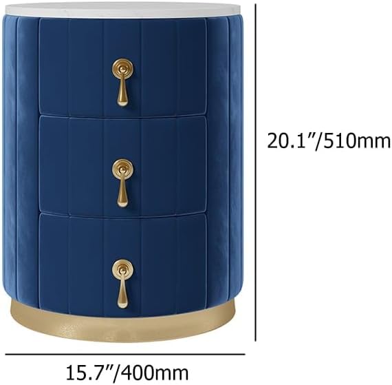 homary Blue Velvet Nightstand with Storage, Round Bedside Table with 3 Drawers, Stone Top Night Table for Bedroom, End Tables for Living Room