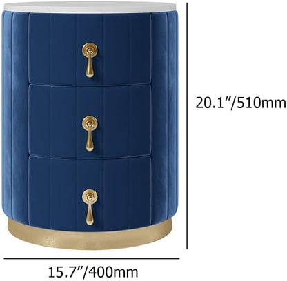 homary Blue Velvet Nightstand with Storage, Round Bedside Table with 3 Drawers, Stone Top Night Table for Bedroom, End Tables for Living Room