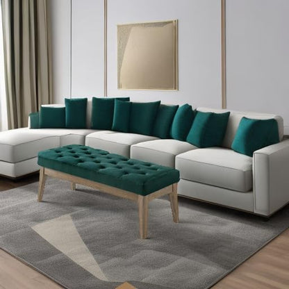 24KF Velvet Upholstered Buttons Tufted Entryway Bench with Solid Wood Leg,Bed Bench Ottoman with Padded Seat,5034-Jade