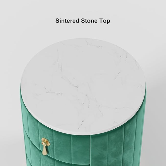 homary Green Velvet Nightstand with 3 Drawers, Round Bedside Table with Sintered Stone Top, Modern Nightstand with Storage for Bedroom, End Table for Living Room