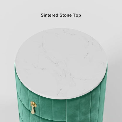 homary Green Velvet Nightstand with 3 Drawers, Round Bedside Table with Sintered Stone Top, Modern Nightstand with Storage for Bedroom, End Table for Living Room