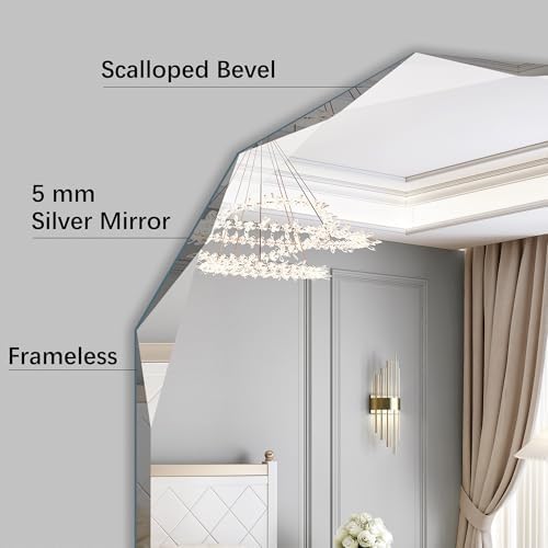 KOCUUY 30"x48" Frameless Wall Mirror, Arched Shape with Diamond-Shaped Beveled Edge,Unframed Decorative with Upgraded Shatterproof Glass,Unique Frameless Mirror for Bathroom,Living Room,Bedroom