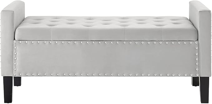 24KF Velvet Modern Upholstered Tufted Button Storage Bench with Arms for Bedroom,Entryway Living Room Soft Padded Seat -Gray
