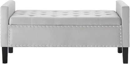 24KF Velvet Modern Upholstered Tufted Button Storage Bench with Arms for Bedroom,Entryway Living Room Soft Padded Seat -Gray