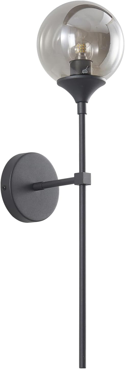 KCO Lighting Modern Smoke Grey Glass Globe Wall Sconce Black Matte Slim Wall Sconce Long Slim Wall Mount Light Vintage Industrial Wall Lamp for Hallway Stairs Bathroom