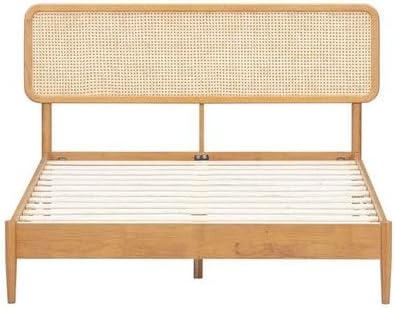 NTC Lupin Wooden Bed Frame with Headboard and Natural Rattan, Solid Oak/Rubber Wood Foundation with Silent Slats, 1000 Lb Capacity, Effortless Assembly (Natural Cane - Rustic Oak, Queen)