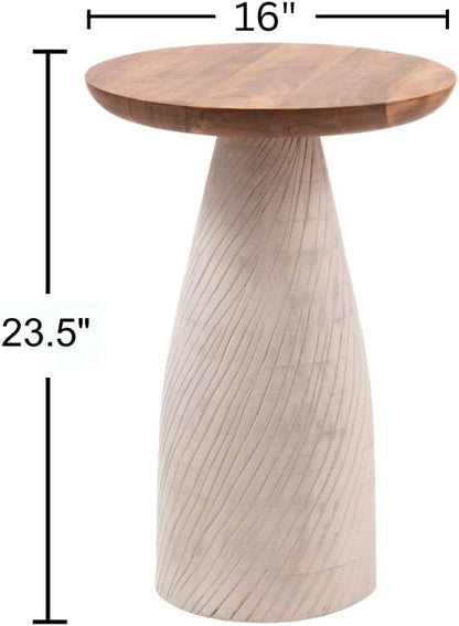 Modern Round Wood Accent Table with Carved Cone Base Solid Mango Wood Side Table for Living Room, Bedroom or Entryway White,Assembled