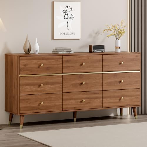 9 Drawer Dresser 63" Wide Mid Century Modern Chest of Drawers, Tan