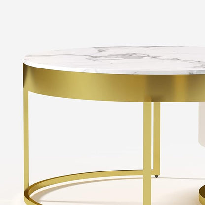 homary Round Lift-Top Coffee Table with Storage, White Faux Marble Nesting Coffee Tables with Rotatable Drawers for Living Room
