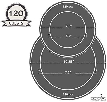 " OCCASIONS " 240 Plates Pack,(120 Guests) Heavyweight Premium Disposable Plastic Plates Set -120 x 10.25'' Dinner + 120 x 7.5'' Salad/Dessert (Rochelle Antique Rose and Gold)