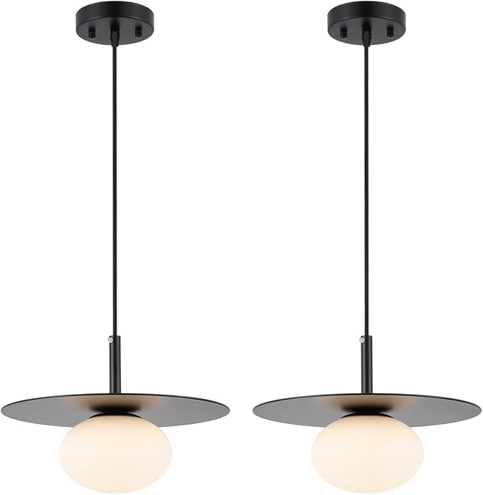 Modern Globe Pendant Lighting Set of 2 Milky White Glass Shade Matte Black Farmhouse Pendant Light 11.81" Dome Industrial Hanging Ceiling Light Fixture Kitchen Island Dinning Room Bedroom