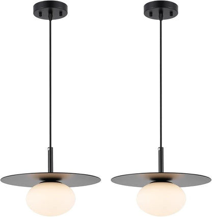 Modern Globe Pendant Lighting Set of 2 Milky White Glass Shade Matte Black Farmhouse Pendant Light 11.81" Dome Industrial Hanging Ceiling Light Fixture Kitchen Island Dinning Room Bedroom