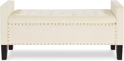 24KF Velvet Modern Upholstered Tufted Button Storage Bench with Arms for Bedroom,Entryway Living Room Soft Padded Seat-Cream