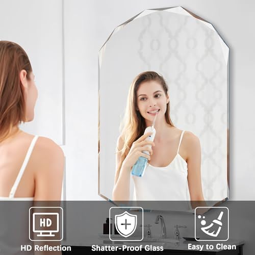 KOCUUY 30"x48" Frameless Wall Mirror, Arched Shape with Diamond-Shaped Beveled Edge,Unframed Decorative with Upgraded Shatterproof Glass,Unique Frameless Mirror for Bathroom,Living Room,Bedroom