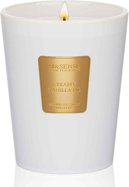 M&SENSE Creamy Vanilla Pie Scented Natural Soy Wax Candle, 14.1oz 60 Hours Long Lasting Slow Burning, Aromatherapy Candle for Stress Relief, Fall Winter Festival Gifts for Home Decor