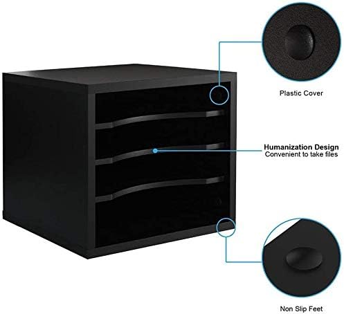 FITUEYES Wood Desk Paper Organizer with 4 Tiers Storage, Desktop File Holder, Document Letter Sorter with Adjustable Shelves, Home Office Wooden Mail Rack, Black