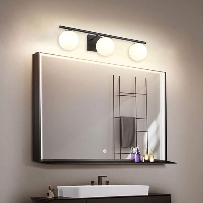 New Bathroom Vanity Light Fixtures Brushed Bronze Milk White Globe Glass Shade Modern Wall Bar Sconce Over Mirror (Black, 3 light-24inch-G9)