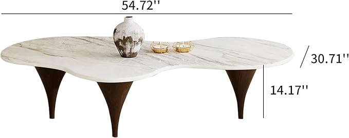 54.7" Irregular Modern Coffee Table Unique Wave-Shaped Design, Sintered Stone Living Room Table with Wood-Like Texture Metal Legs, Easy Assembly Cloud Tea Table for Living Room, Bedroom