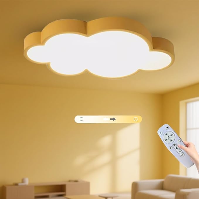 Cloud Shape LED Ceiling Light Fixture, 27 inch, Yellow, 54W, Dimmable with Remote, 4 Color Temperatures,for Kids Room/Bedroom Study/Nursery Ceiling Light