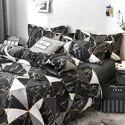 CLOTHKNOW Black White Marble King Size Comforter Set Triangle Plaid Bedding Comforter Set All Season Geometric Comforter with 2 Pillowcases