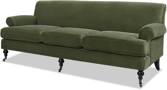 Jennifer Taylor Home Alana Lawson Recessed Arm Sofa Metal Casters, Olive Green Performance Velvet