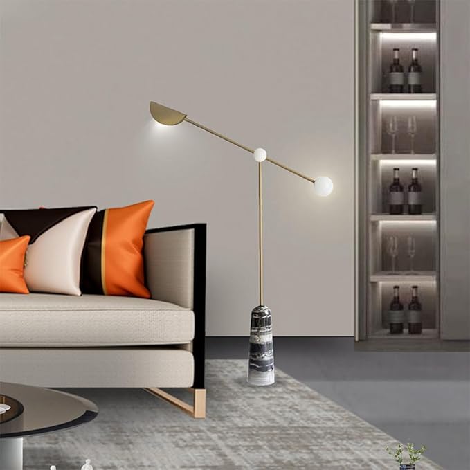 Funambulist Gold Floor Lamp with Marble Base | Minimalist Metal Frame, Warm White Light