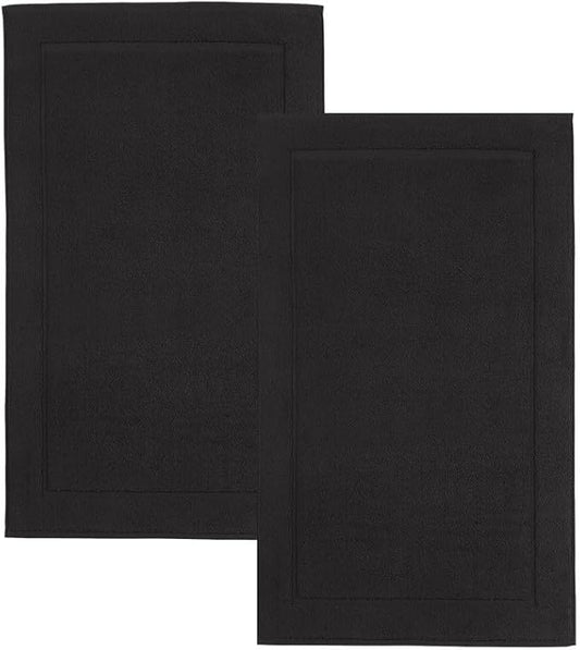 Hawmam Linen Bath Mats, 21 x 34 inches Ring Spun Cotton Banded Design Highly Absorbent, Black