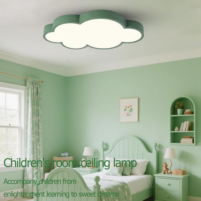 DELIPUSIH Cloud Shape LED Ceiling Light, 48cm, 36W, 3 Color Modes with Remote Control, Dimmable, Green Children's Room Ceiling Lamp