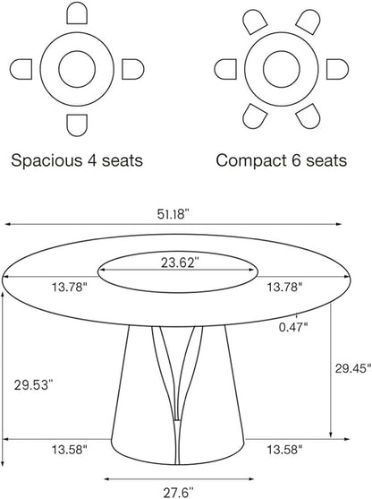 POVISON Round Dining Table for 4, 51" Modern Round Dining Table Built in Lazy Susan, Matte Sintered Stone Tabletop with Black Carbon Steel Pedestal, White