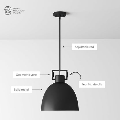 Nathan James Leigh Pendant Lighting, Hanging Ceiling Light with Oversized Metal Shade and Adjustable Cord, for Kitchen Island or Entryway, Matte Black