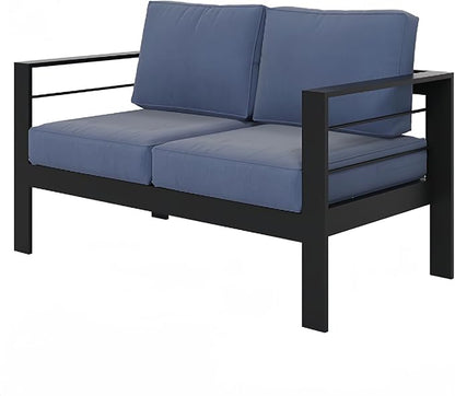 Wisteria Lane Patio Furniture Aluminum Loveseat, All-Weather Outdoor 2 Seats Outdoor Chair, Black Metal Chair with Blue Cushions