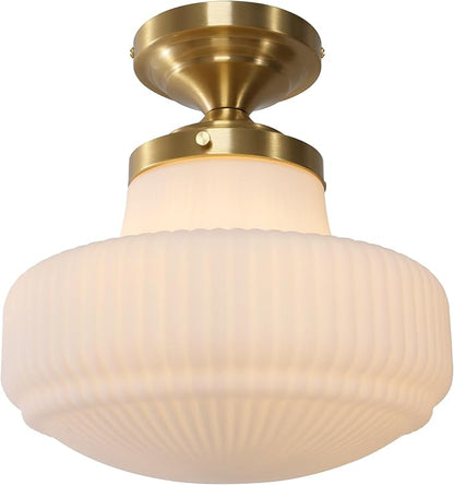 Mid Century Modern Flush Mount Ceiling Light Fixture Vintage Milk Glass Gold Close to Ceiling Lamp Schoolhouse Ceiling Light for Hallway Farmhouse Bedroom Kitchen