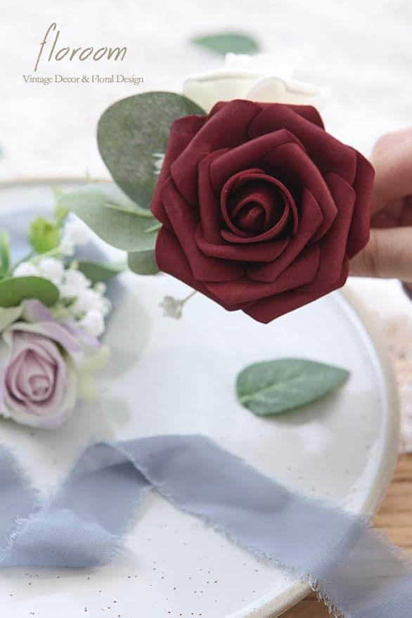 Floroom Artificial Flowers 25pcs Real Looking Burgundy Foam Fake Roses with Stems for DIY Wedding Bouquets Red Bridal Shower Centerpieces Party Decorations