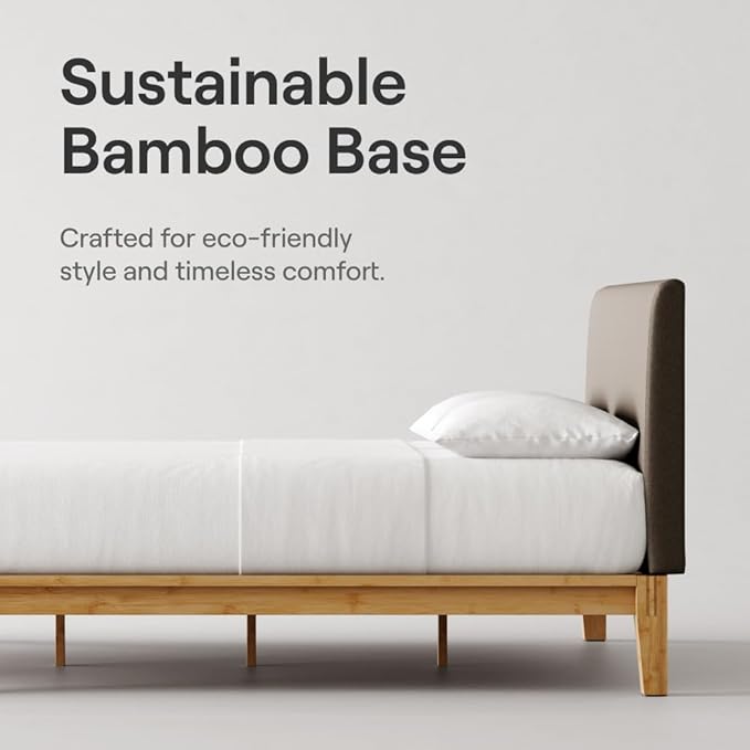 Nectar Bamboo Platform Bed Frame & Upholstered Headboard - Twin - Natural/Slate - Floating Center Support Legs -12” Height - Easy Tool Free Set Up - Sturdy Wooden Support Slats - Holds Up To 500 lbs