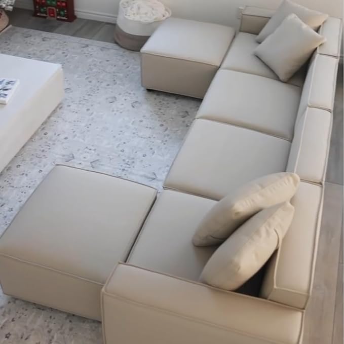 Acanva Luxury Modular Sectional Couch with Moveable Ottoman and Chaise, Modern Minimalist Style Sofa for Living Room, Apartments, U-Shape, Vegan Leather Cream