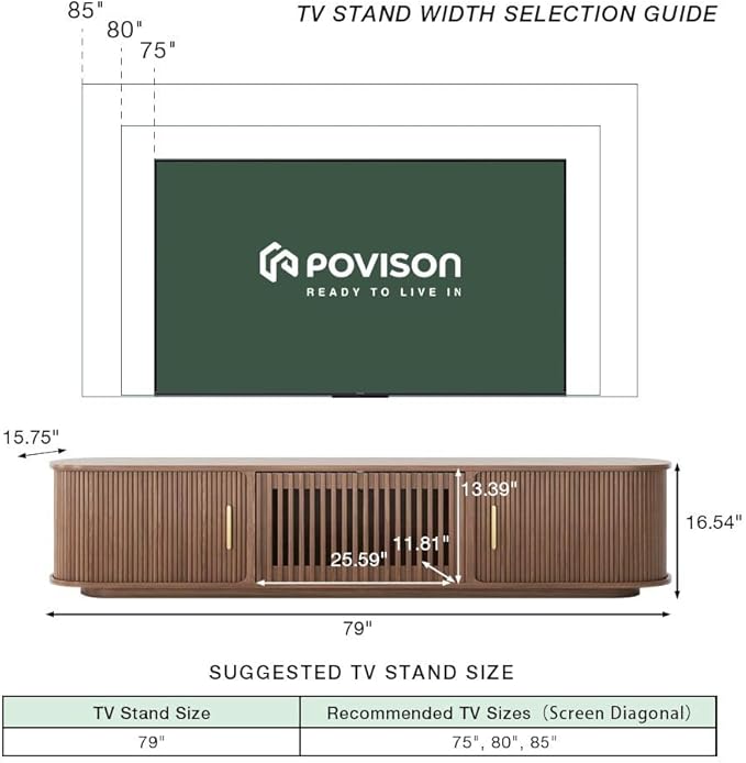 POVISON Fully-Assembled Mid-Century Modern Tambour Door TV Stand, Wood TV Console, Entertainment Center with Storage for 75 inch TV, Media Console for Living Room