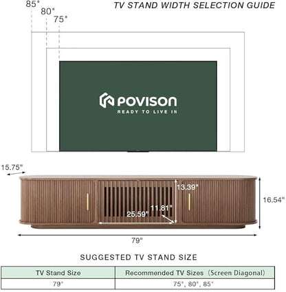 POVISON Fully-Assembled Mid-Century Modern Tambour Door TV Stand, Wood TV Console, Entertainment Center with Storage for 75 inch TV, Media Console for Living Room