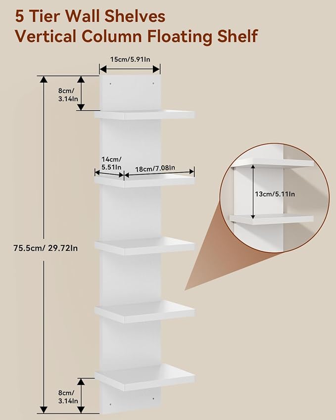 IBUYKE 5-Tier Modern Wall-Mounted Shelf, White Vertical Shelf, Floating Storage, Organizer, Tall Tower Design, Decorative Wall Mount Shelving for Home, Bedroom, Living Room, Office Decor WBC009W-2