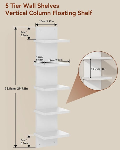 IBUYKE 5 Tier Wall Shelf Unit,White Vertical Shelf,Floating Storage Wall Shelf,Organizer Tall Tower Design Decorative Wall Mount Shelving for Home, Bedroom,Living Room,Office Decor WBC009W