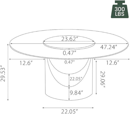 POVISON Round Dining Table for 4, 47" Glossy White Sintered Stone Tabletop Dining Table with 23" Lasy Susan, Grey Carbon Steel Pedestal, Modern Dining Room Table (Table Only)