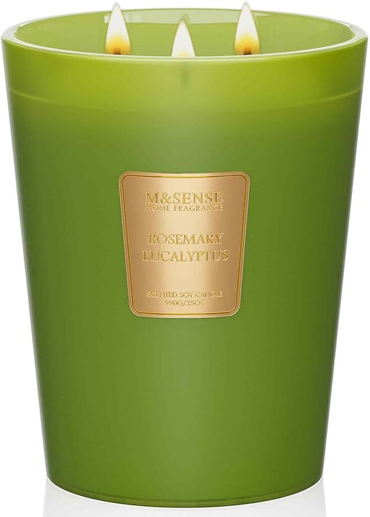 M&SENSE Rosemary Eucalyptus Scented Candle 35oz 150H Burn Time Long Lasting, 3-Wick Natural Aromatherapy Fall Winter Candle Highly Scented, Home Fragrance Housewarming Festival Gifts