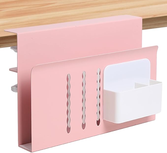 Desk Side Storage Under Desk Laptop Holder, No Drill Hanging Desk Organizer with Pen Holder, Clamp-On Table Side Desktop Organization Mount for Office and Home (Pink)