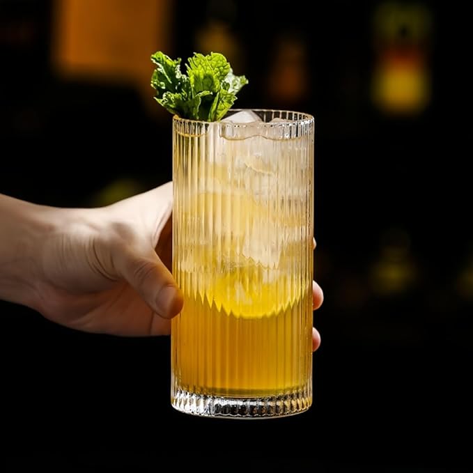 Striped Glass Cups Set of 4b12.5oz Textured Drinking Glasses Durable Thick Glassware for Juice Iced Tea & Smoothies