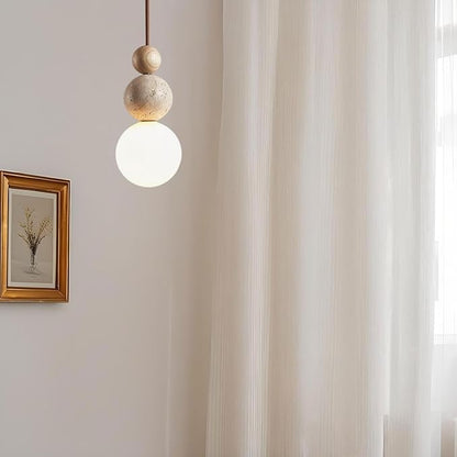 Stylish Modern Pendant Light with Stone and Wood, Unique Two-Ball Design Ceiling Lamp, Perfect for Dining Room, Kitchen Island, Living Room, Bedroom Decor, Elegant Home Lighting(Yellow)